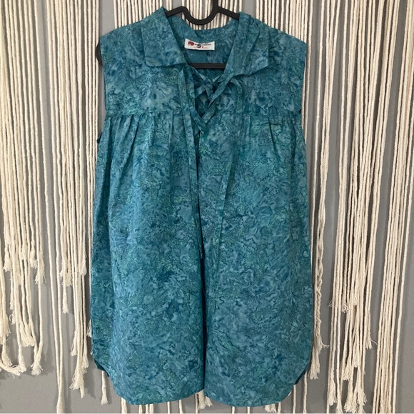 Blue Batik Style Handmade Women's Sleeveless Renaissance Tunic V Neck Tie Up - Picture 12 of 13